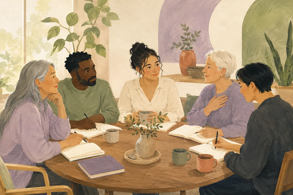 People learning together around a table with journals and tea